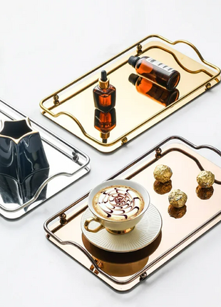 Rectangular Stainless Steel Mirror Tray with Handles Set of (2) Trays