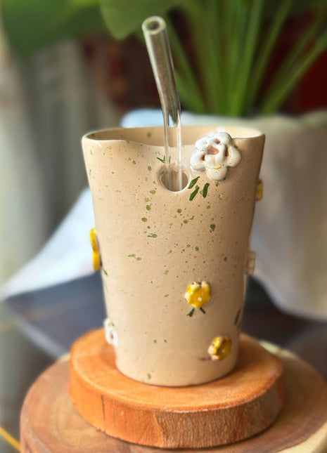 Piece of Sara Beige Floral Straw Cup