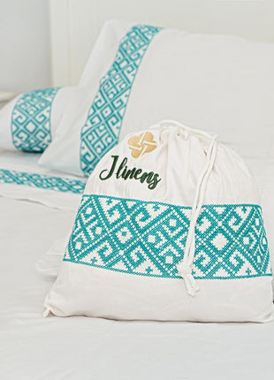 J Linens Embroidery Geometric Flat Sheet Set