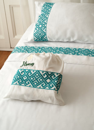 J Linens Embroidery Geometric Flat Sheet Set