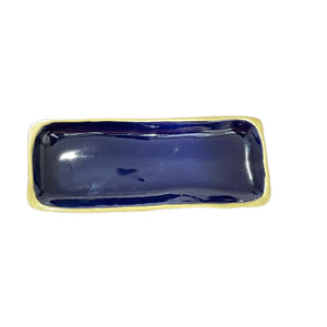 Pottery Rectangular Dark Blue Serving Platter with Gold Rim