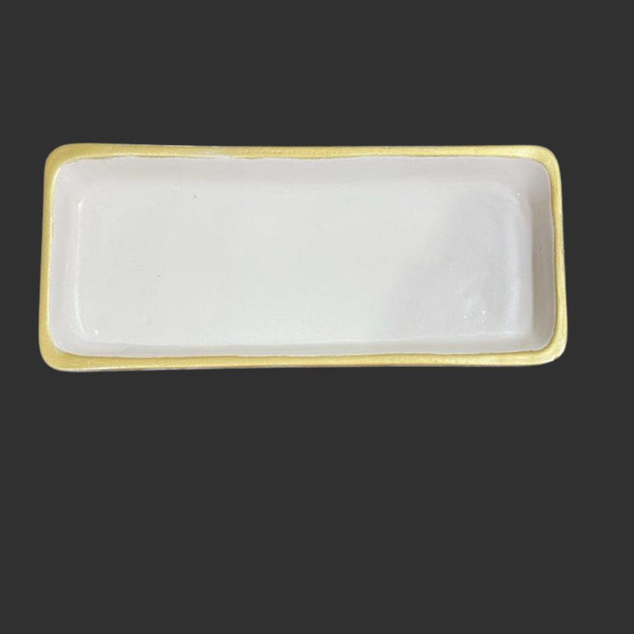 Pottery Rectangular Off White Serving Platter with Gold Rim