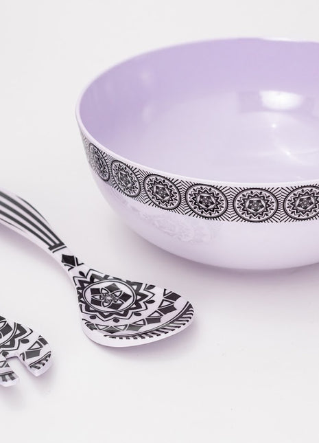 Bright Designs Melamine Round Serving Bowl Black & White with Fork & Spoon 1 Piece