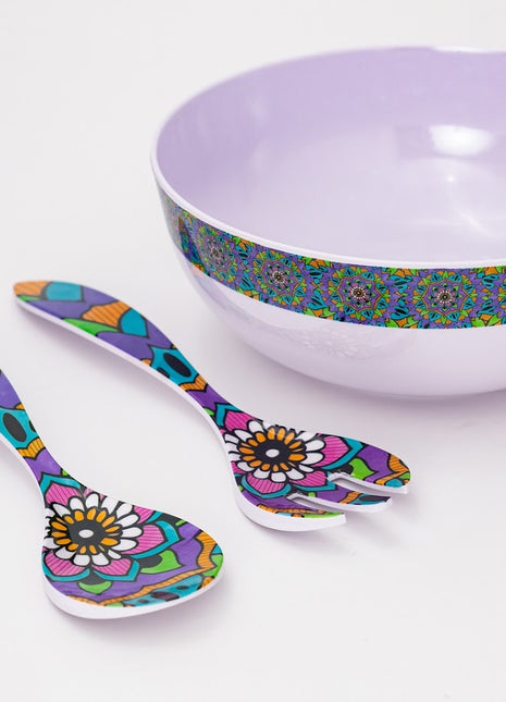Bright Designs Melamine Round Serving Bowl Mandala with Spoon & Fork 3pieces