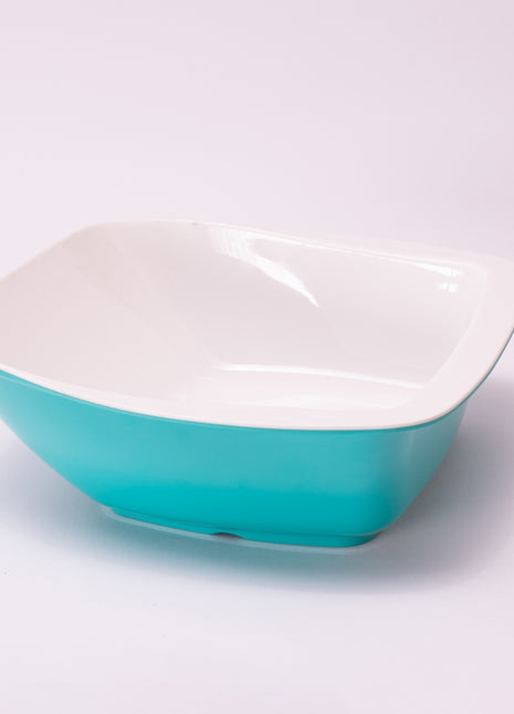 Bright Designs Melamine Serving Bowl with Serving Spoon and Fork 
Set of 1 (L 26cm W 26cm H 9cm) Double Colour Teal