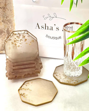 asha's Set of 4 coasters with stand gold with gold leaves