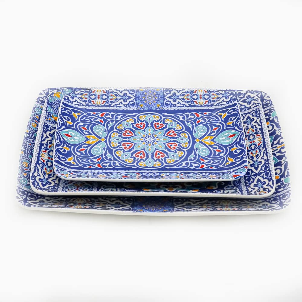 FM Rosa Porcelain Khayameya BluePorcelain Tray Set, 3 Pieces