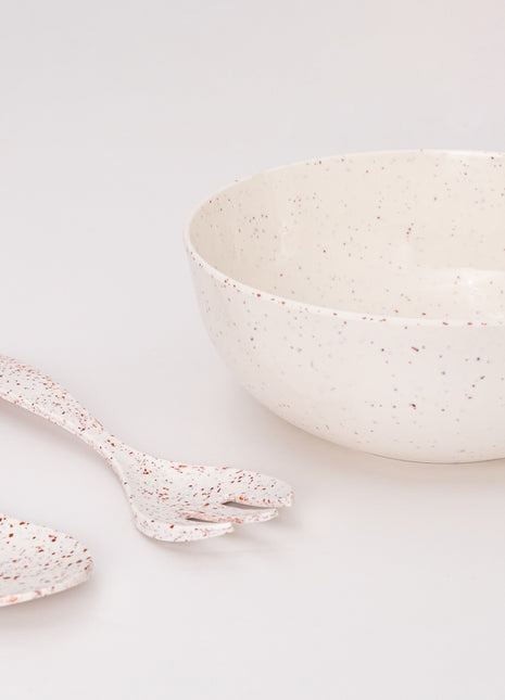 Bright Designs Melamine Round Serving Bowl Set of 3 with fork and spoon Creamy with Brown