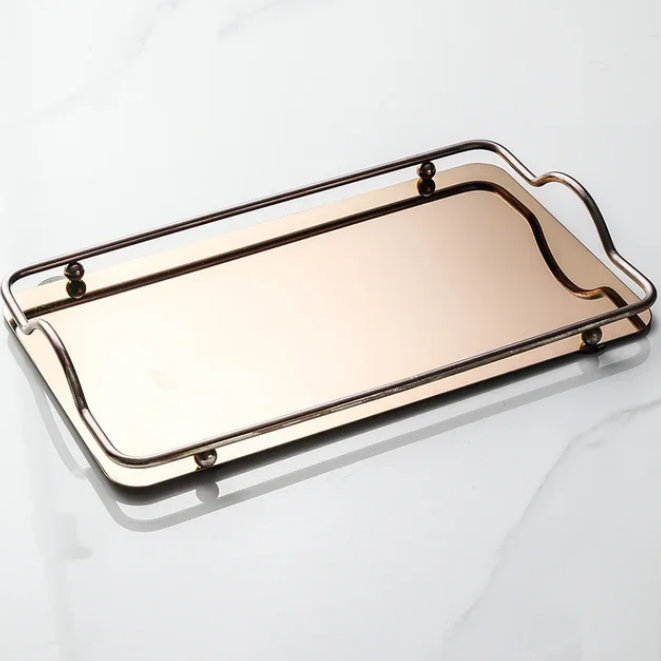 Rectangular Stainless Steel Mirror Tray with Handles Set of (2) Trays