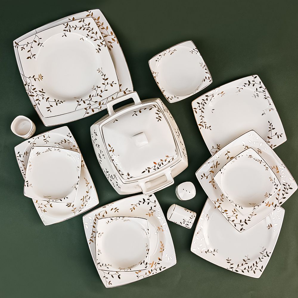 FM Rosa Porcelain Evergreen T-Shape Dinnerware Set (60 Pcs)