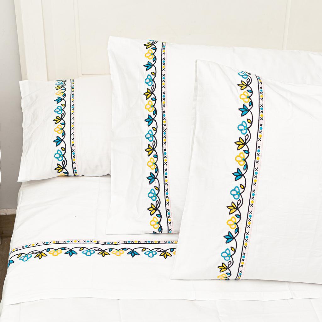 J Linens Embroidery Flora Flat Sheet Set