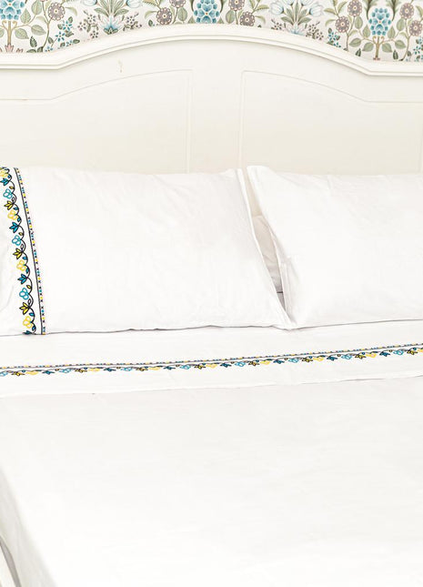 J Linens Embroidery Flora Flat Sheet Set