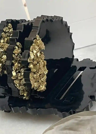 Asha's Set of 4 Resin Coasters with Stand (Black with Gold)