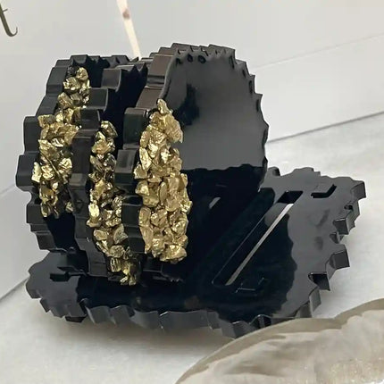 Asha's Set of 4 Resin Coasters with Stand (Black with Gold)