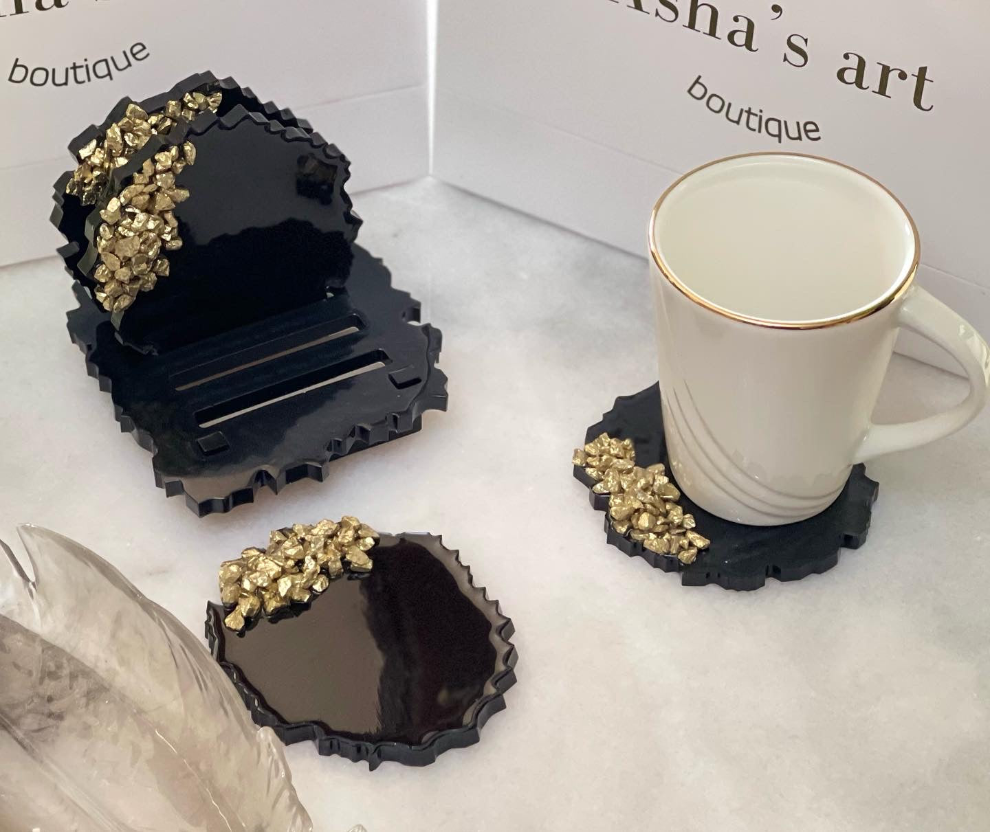 Asha's Set of 4 Resin Coasters with Stand (Black with Gold)