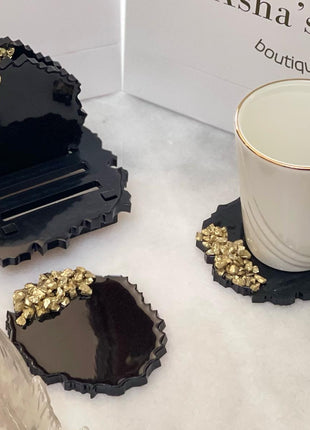 Asha's Set of 4 Resin Coasters with Stand (Black with Gold)