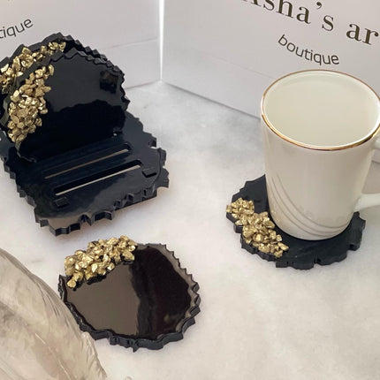 Asha's Set of 4 Resin Coasters with Stand (Black with Gold)