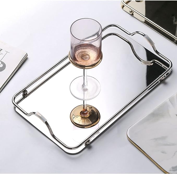 Rectangular Stainless Steel Mirror Tray with Handles Set of (2) Trays