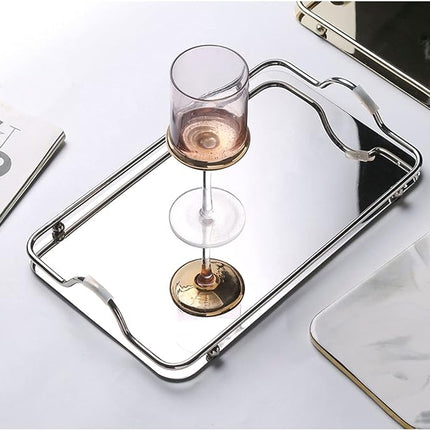 Rectangular Stainless Steel Mirror Tray with Handles Set of (2) Trays