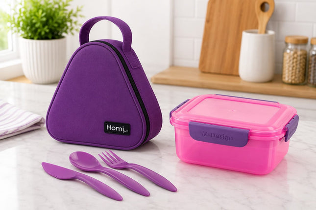 Back to School Bundle Lunch Bag Triangle Shape  with Lunch Box (1100 ml) and Cutlery Set
