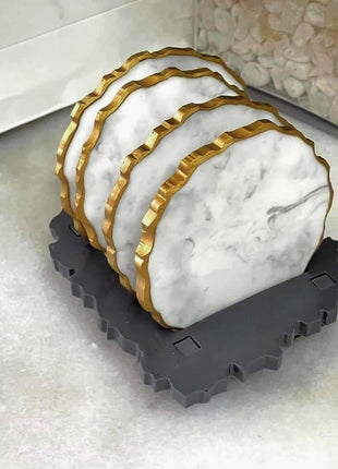 Asha's Set of 4 Resin Coasters with Stand (Gray with Gold Rim)