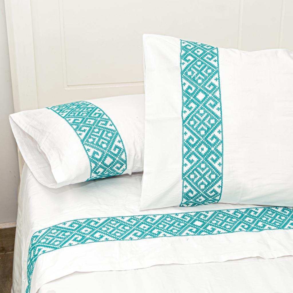 J Linens Embroidery Geometric Flat Sheet Set