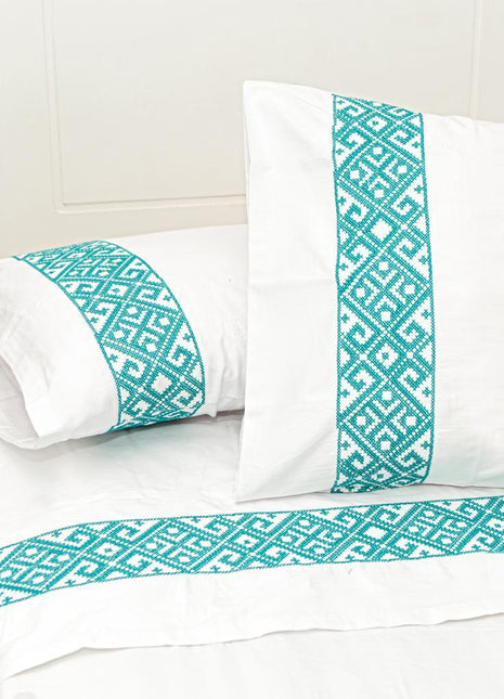 J Linens Embroidery Geometric Flat Sheet Set