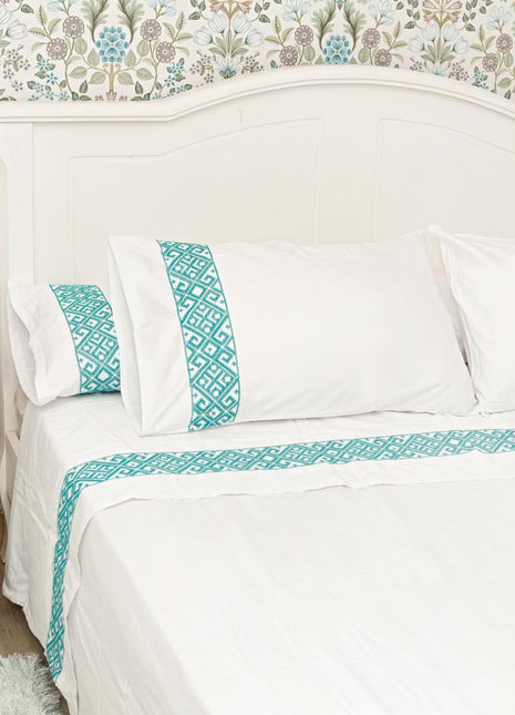 J Linens Embroidery Geometric Flat Sheet Set