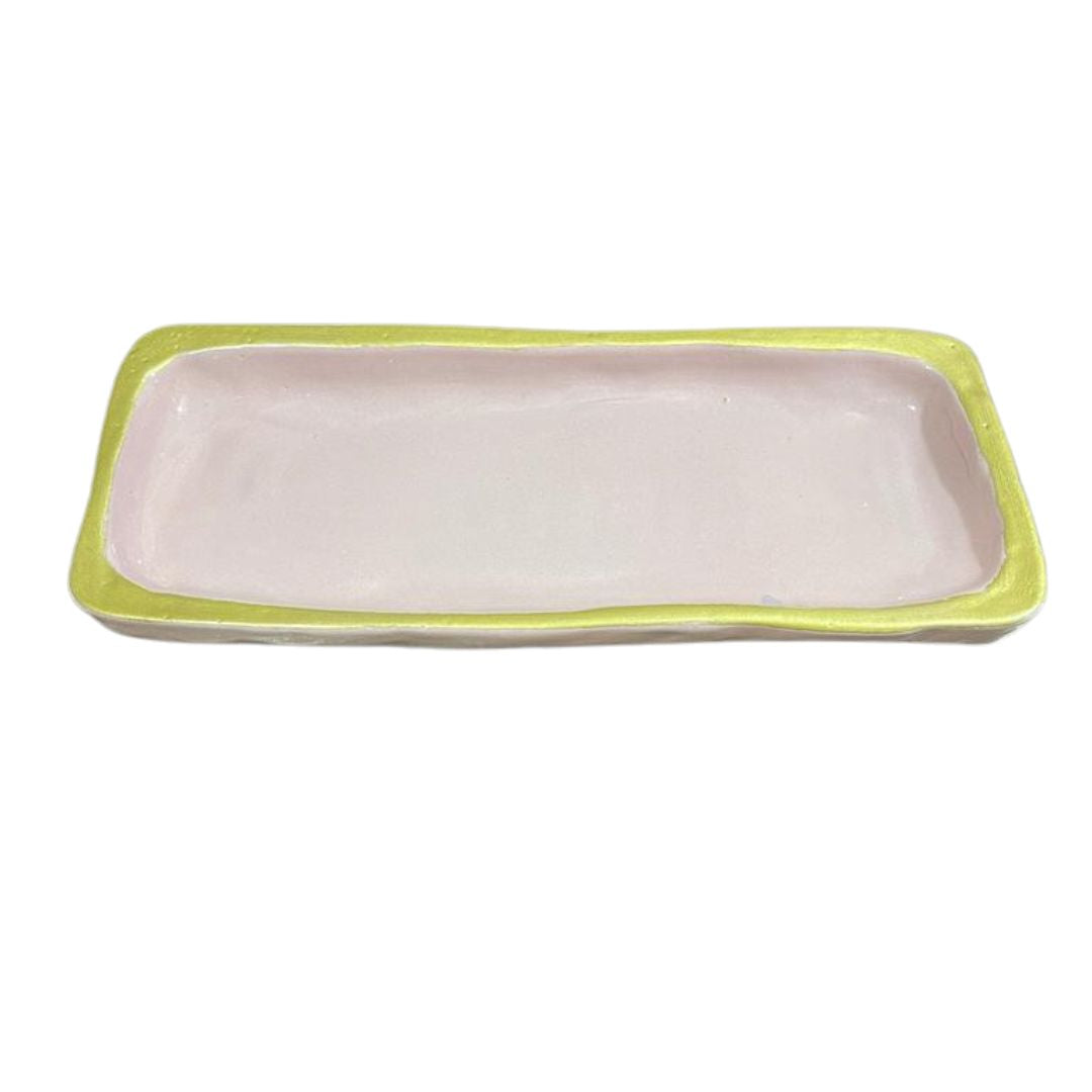 Pottery Rectangular Light Lilac Serving Platter with Gold Rim