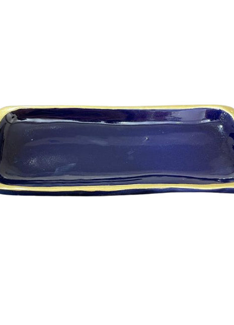 Pottery Rectangular Dark Blue Serving Platter with Gold Rim