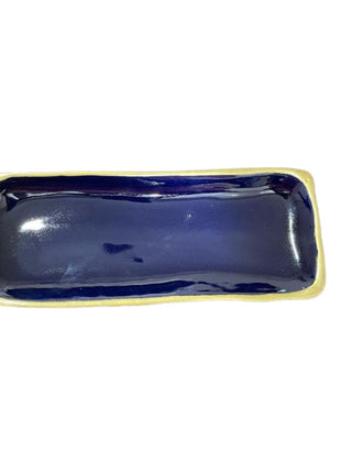 Pottery Rectangular Dark Blue Serving Platter with Gold Rim