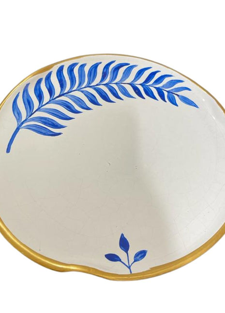 Pottery Dinner Plate White with Blue Feather and Gold Rim 28cm