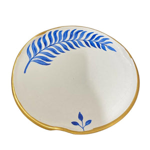 Pottery Dinner Plate White with Blue Feather and Gold Rim 28cm