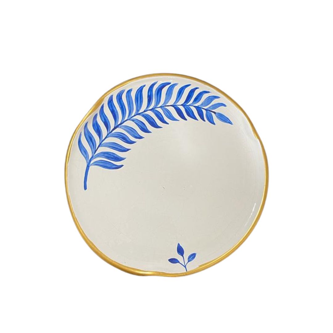 Pottery Dinner Plate White with Blue Feather and Gold Rim 28cm