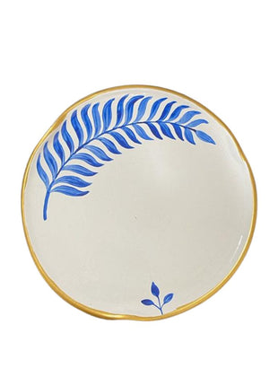 Pottery Dinner Plate White with Blue Feather and Gold Rim 28cm