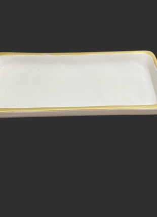 Pottery Rectangular Off White Serving Platter with Gold Rim