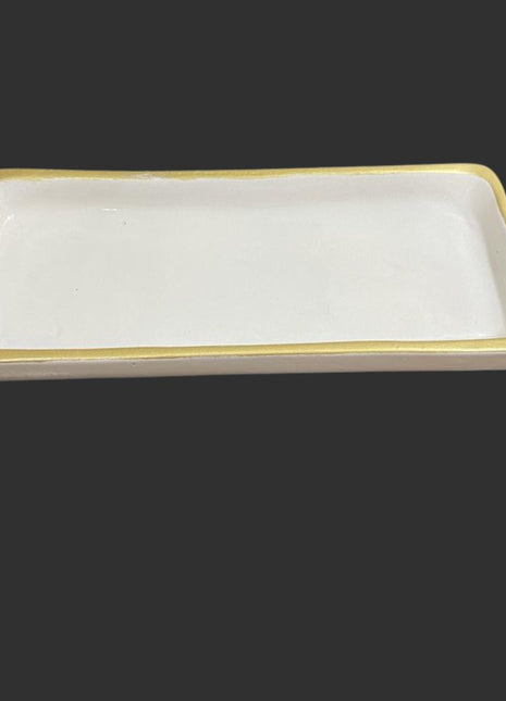 Pottery Rectangular Off White Serving Platter with Gold Rim