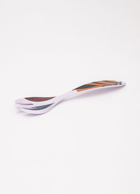 Bright Designs Melamine Round Serving Bowl Black Mondo with Fork & Spoon 3 Pieces