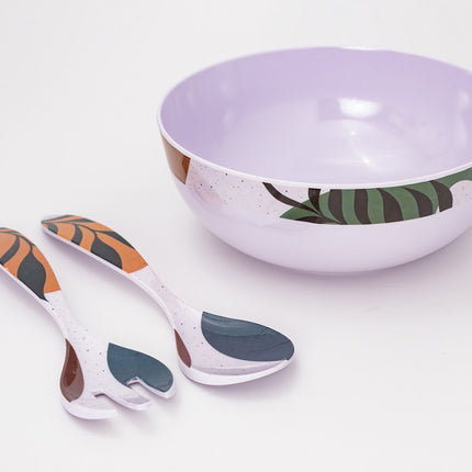 Bright Designs Melamine Round Serving Bowl Black Mondo with Fork & Spoon 3 Pieces