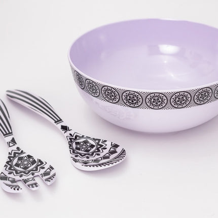 Bright Designs Melamine Round Serving Bowl Black & White with Fork & Spoon 1 Piece