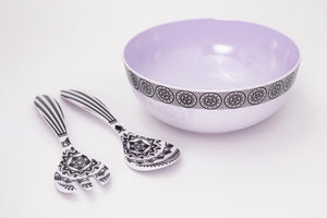 Bright Designs Melamine Round Serving Bowl Black & White with Fork & Spoon 1 Piece