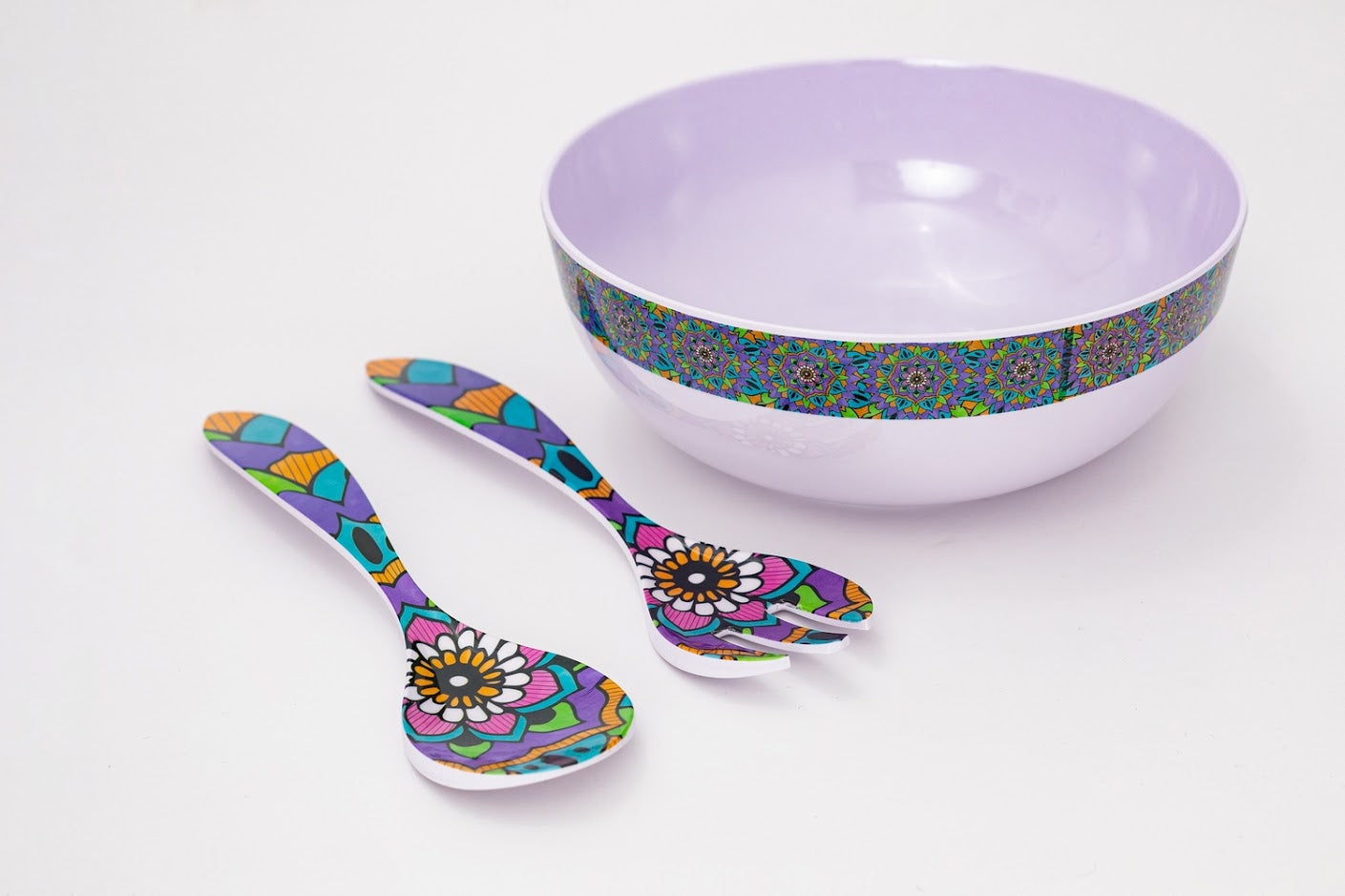 Bright Designs Melamine Round Serving Bowl Mandala with Spoon & Fork 3pieces