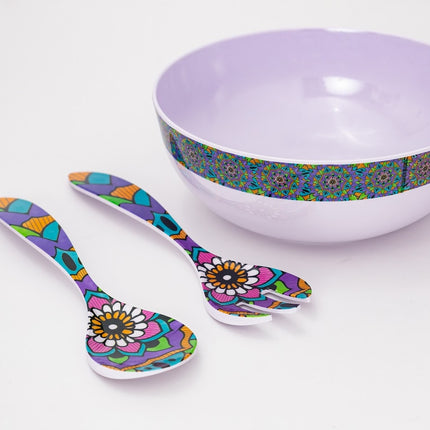 Bright Designs Melamine Round Serving Bowl Mandala with Spoon & Fork 3pieces