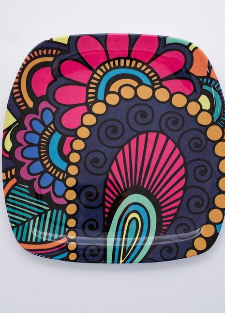 Bright Designs Melamine Square Dinner Plate 
Set of 6 (L 26cm W 26cm) Paisley