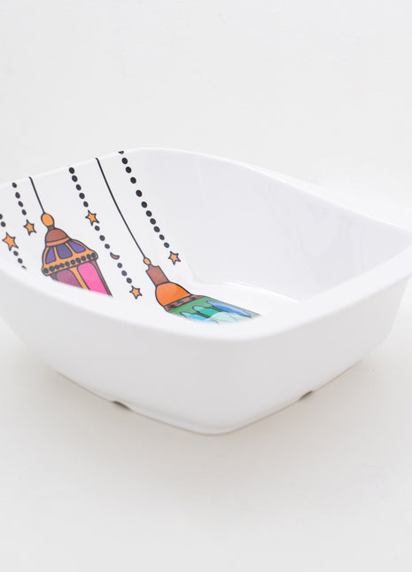 Bright Designs Melamine Square Serving Bowl  (L 26cm W 26cm H 9cm) with Fork & Spoon Ramadan Lantern