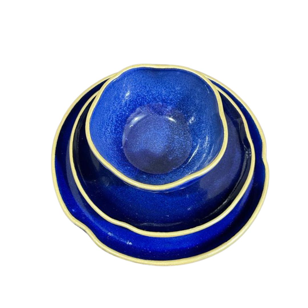 Pottery Dark Blue Set with Gold Rim