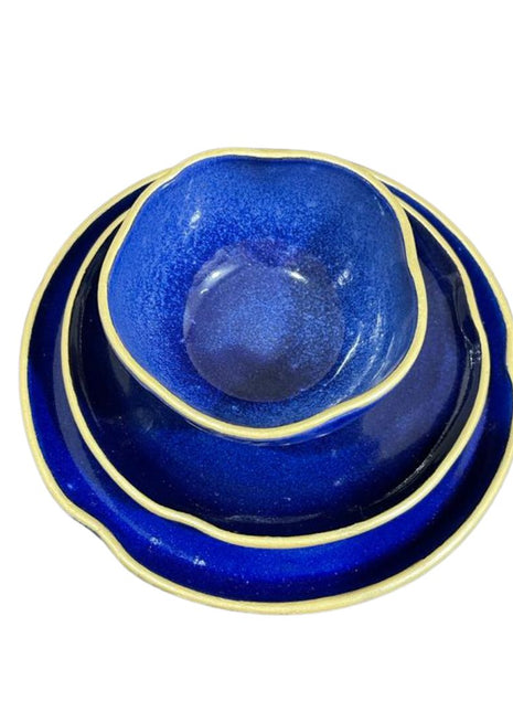 Pottery Dark Blue Set with Gold Rim