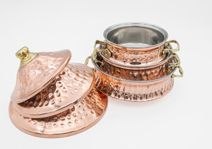 Atiq set of 3 copper tajin with lids 13,15,17 cm