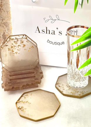 asha's Set of 4 coasters with stand gold with gold leaves