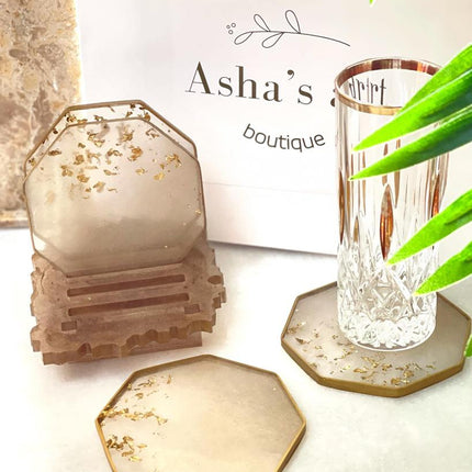 asha's Set of 4 coasters with stand gold with gold leaves